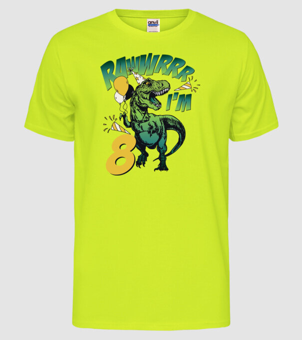 'Birthday Dinosaur rawww i''m 8' model galben neon pe tricou