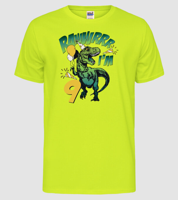 'Birthday Dinosaur rawww i''m 9' model galben neon pe tricou