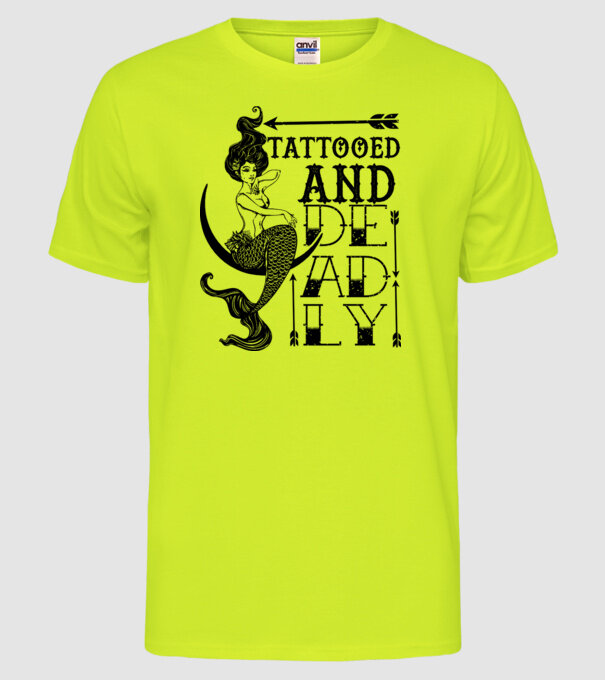 Tattooed and deadly mermaid model galben neon pe tricou