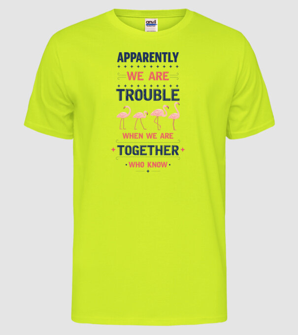 Trouble together flamingos model galben neon pe tricou