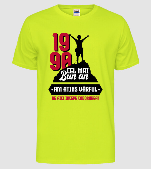 1990 cel mai bun an. Am atins vârful, de aici începe coborârea. model galben neon pe tricou