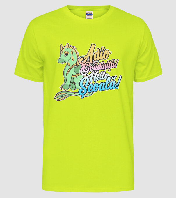 Adio grădiniță! Hello școală! model galben neon pe tricou