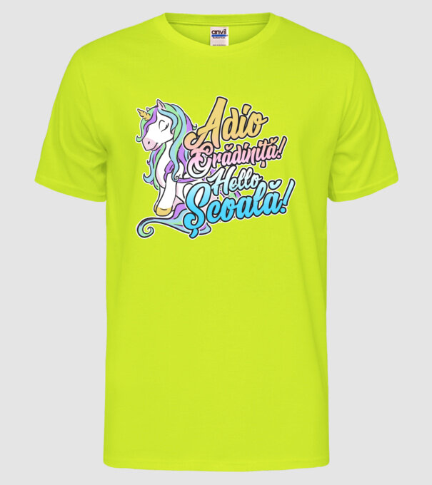 Adio grădiniță! Hello școală! model galben neon pe tricou