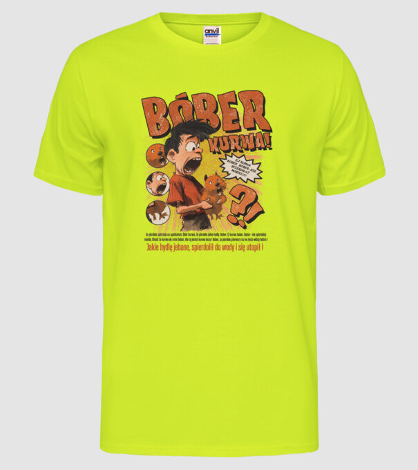 Bobr Kurwa comic model galben neon pe tricou