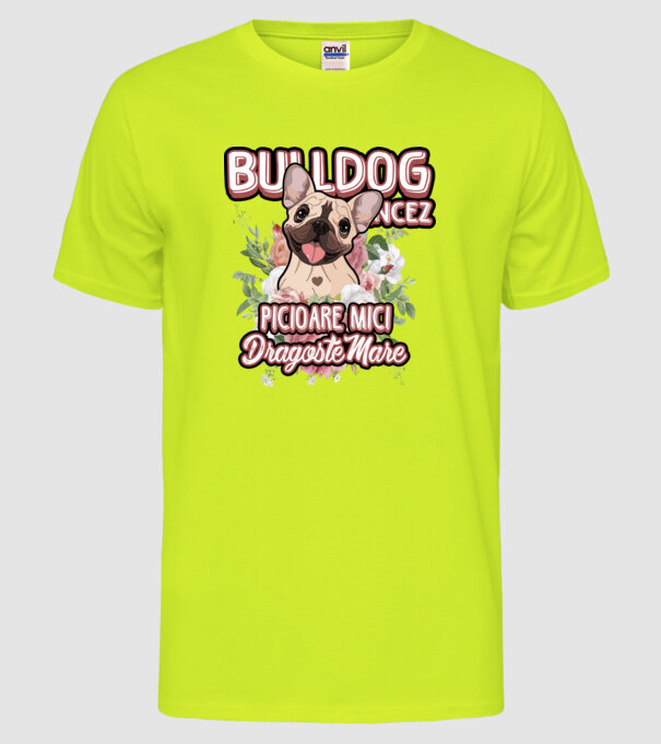 Bulldog francez picioare mici dragoste mare model galben neon pe tricou