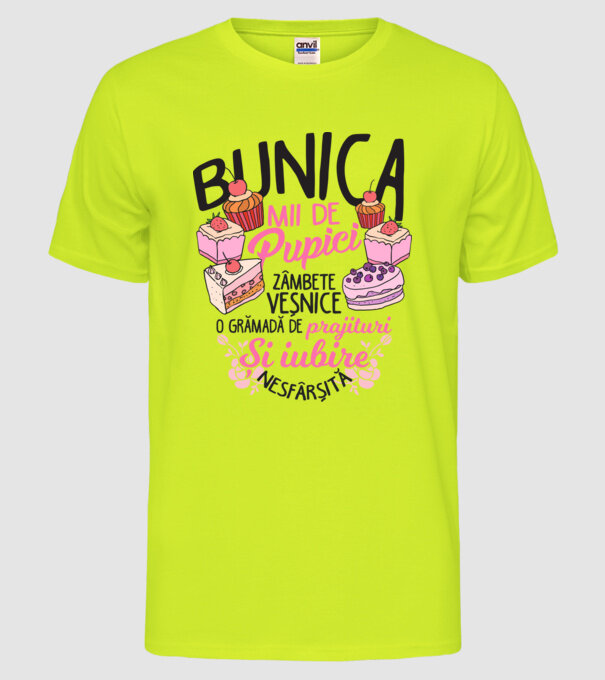 bunica - mii de pupici, zâmbete veșnice, o grămadă de prăjituri și iubire nesfârșită model galben neon pe tricou