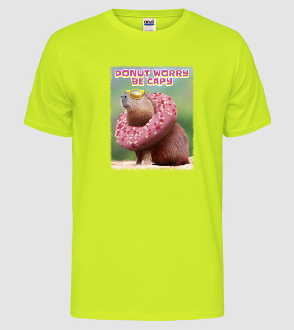 Capybara Donut worry be capy model galben neon pe tricou