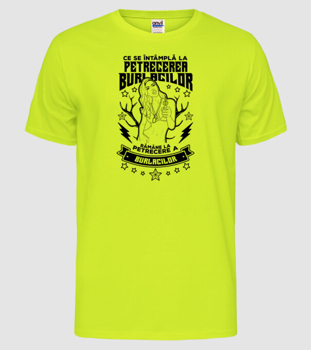 Ce se întâmplă la petrecerea burlacilor, rămâne la petrecere a burlacilor model galben neon pe tricou