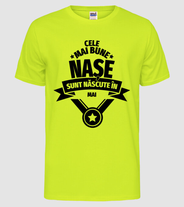Cele mai bune nașe sunt născute în mai. model galben neon pe tricou
