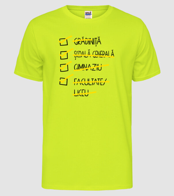 Cheklist educație - Facultate alb model galben neon pe tricou
