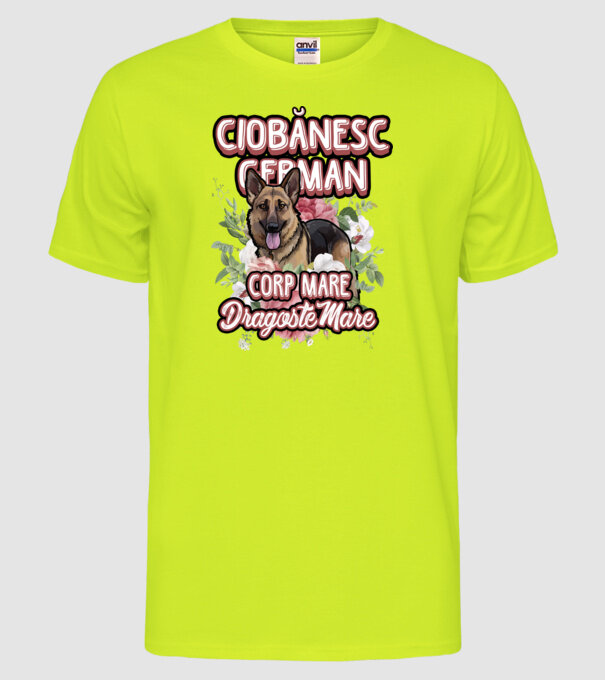 ciobănesc german - corp mare, dragoste mare model galben neon pe tricou