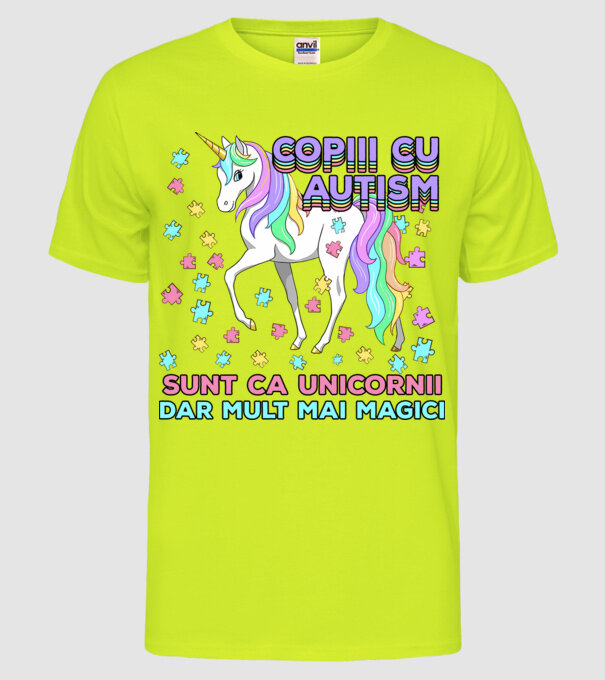 Copiii cu autism sunt ca unicornii, dar mult mai magici model galben neon pe tricou