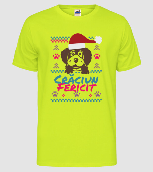 Crăciun Fericit câine model galben neon pe tricou