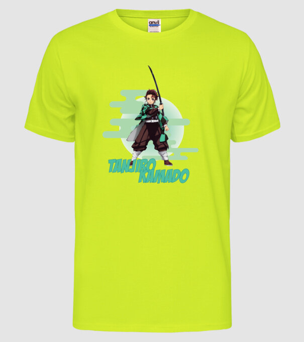 Demon Slayer Tanjiro model galben neon pe tricou