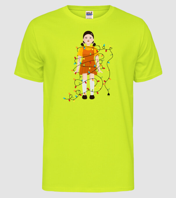 doll squid game model galben neon pe tricou