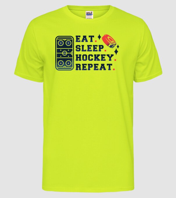 Eat Sleep Hockey Repeat model galben neon pe tricou