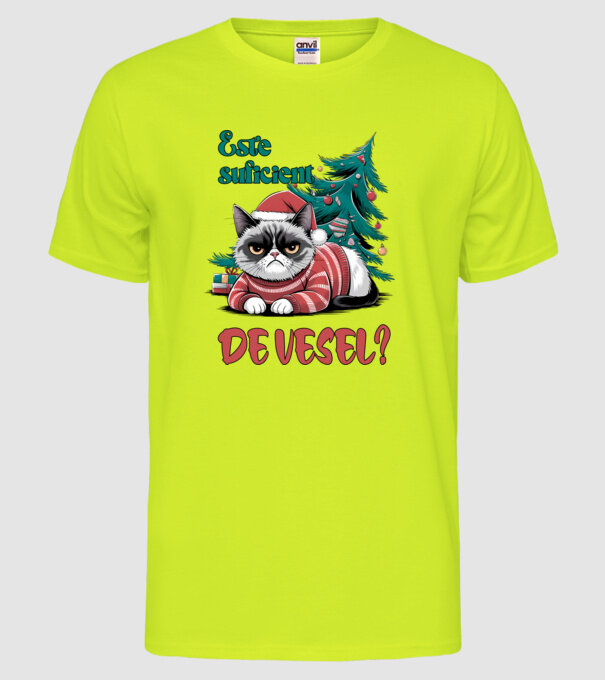Este suficient de vesel? pisică Crăciun model galben neon pe tricou