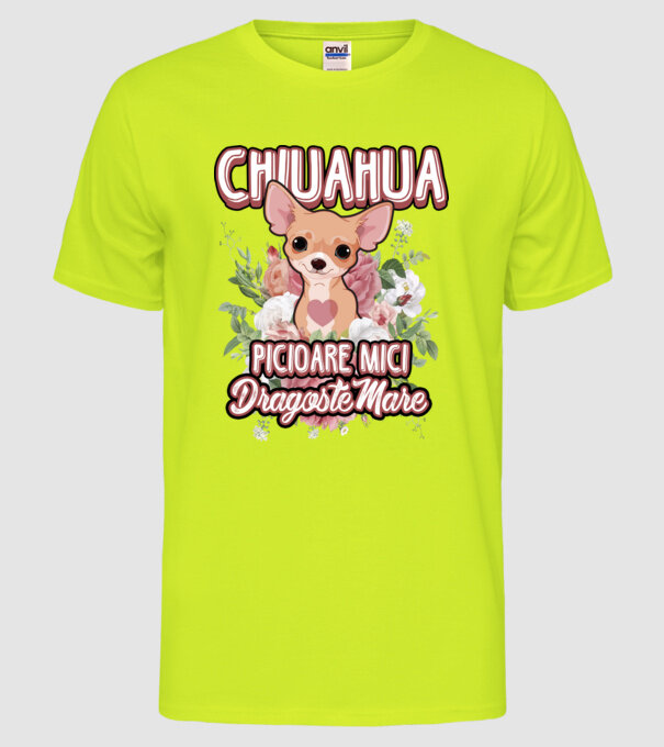 chihuahua : picioare mici dragoste mare model galben neon pe tricou