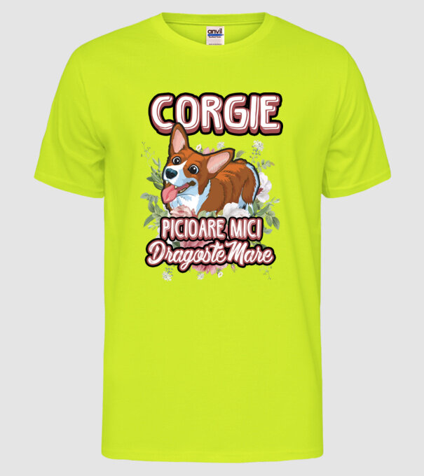 corgie : picioare mici dragoste mare model galben neon pe tricou
