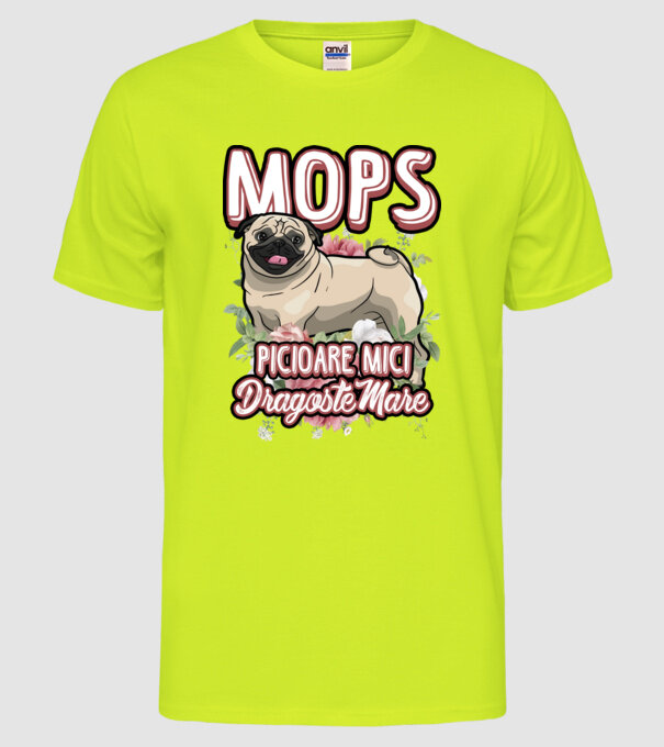 mops : picioare mici dragoste mare model galben neon pe tricou