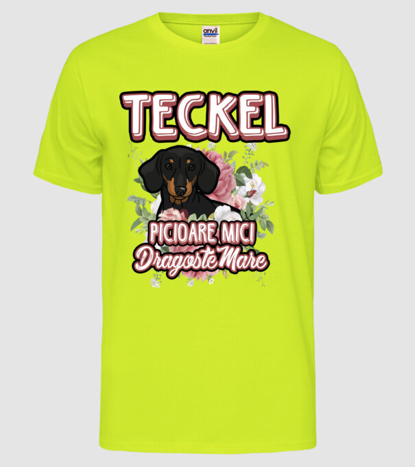 teckel : picioare mici dragoste mare model galben neon pe tricou