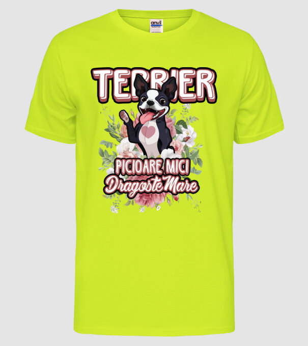 terrier : picioare mici dragoste mare model galben neon pe tricou