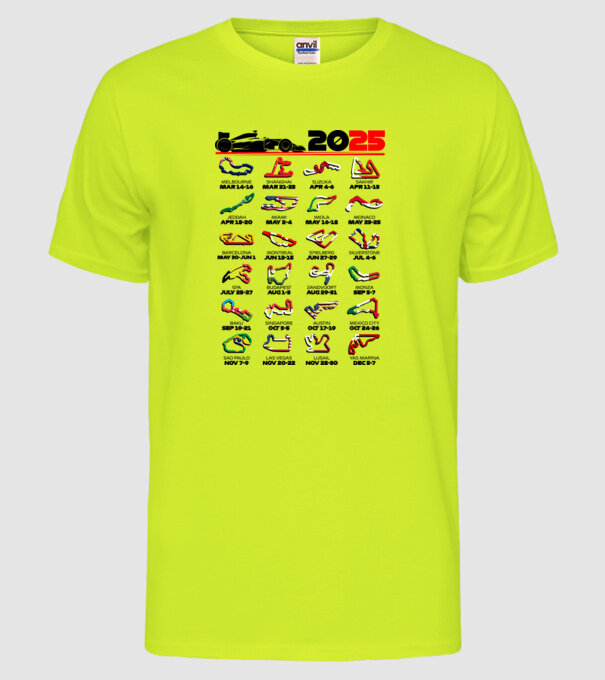 F1 calendar 2025 Alb model galben neon pe tricou