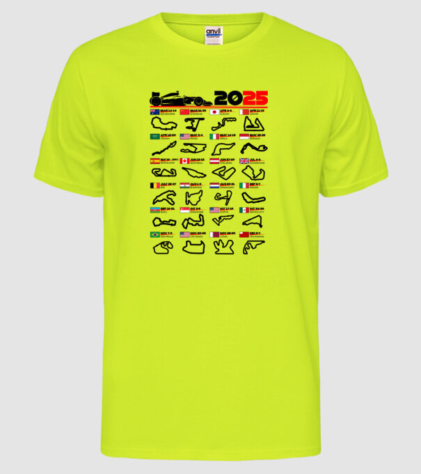 F1 calendar 2025 model galben neon pe tricou