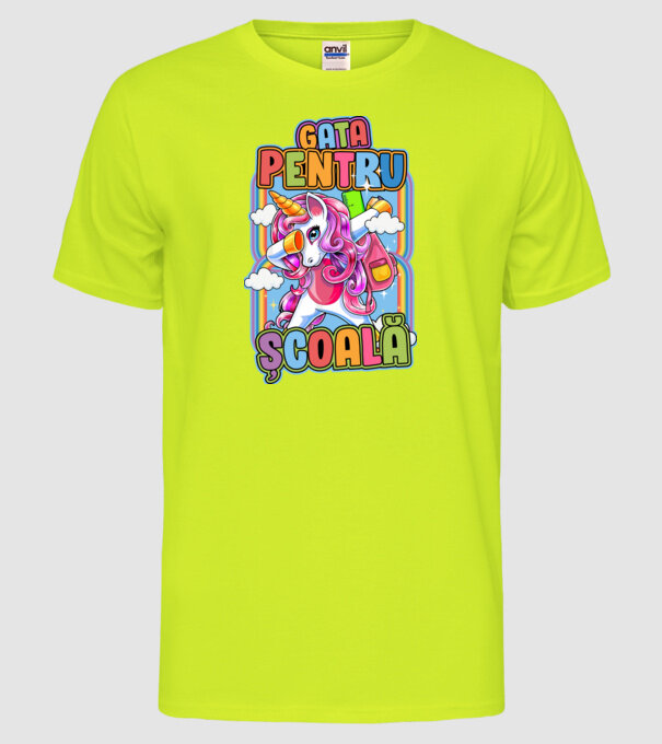 Gata pentru școală D1947707 model galben neon pe tricou