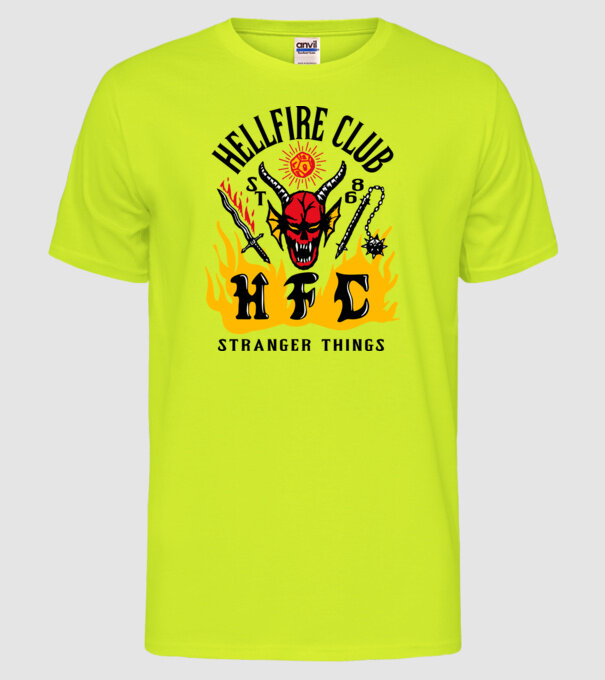 hellfire club 86 stranger things model galben neon pe tricou