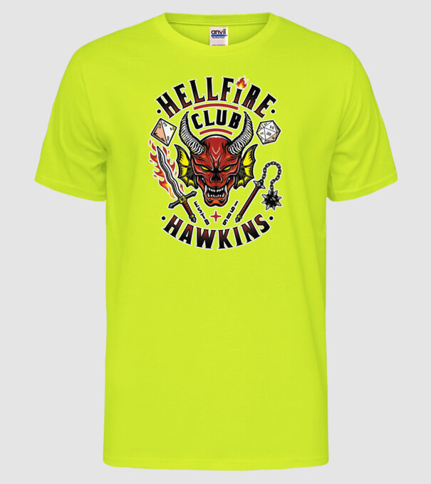 hellfire club hawkins model galben neon pe tricou