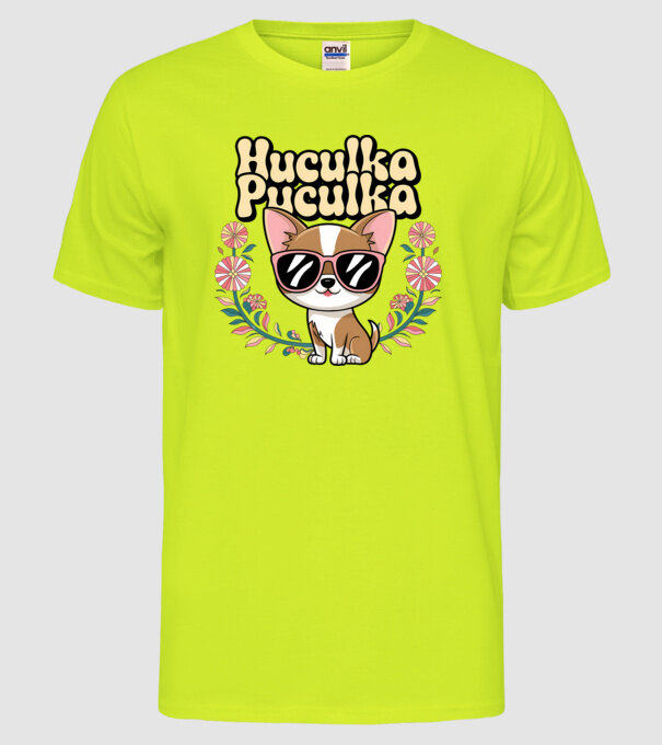 Huculka Puculka câine 1 model galben neon pe tricou