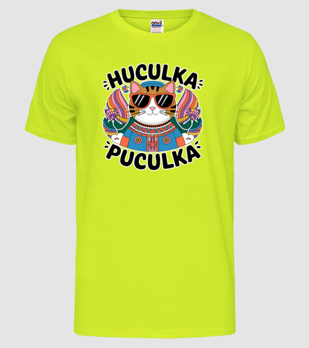 Huculka Puculka pisică 3 model galben neon pe tricou