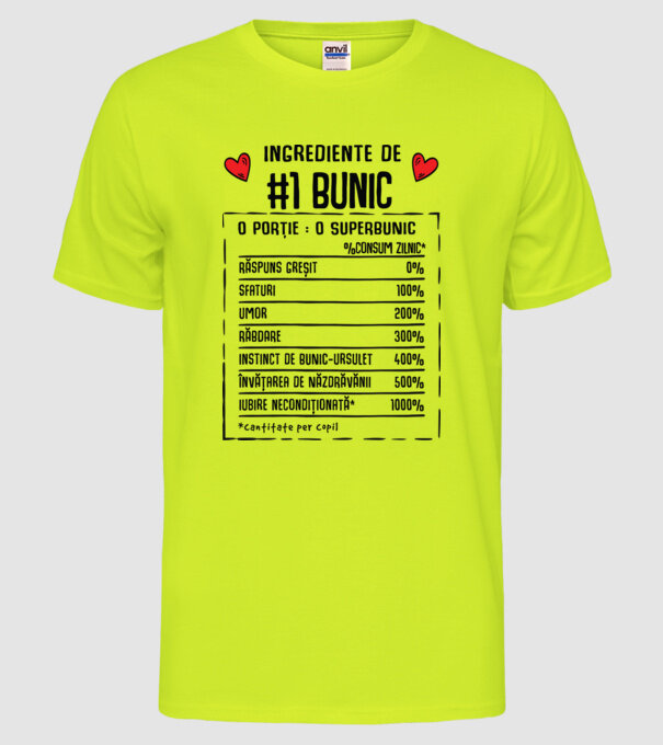 Ingrediente Bunic - o porție : un superbunic - %consum zilnic* răspuns greșit, sfaturi, umor, răbdare, instinct de bunic-ursuleț model galben neon pe tricou