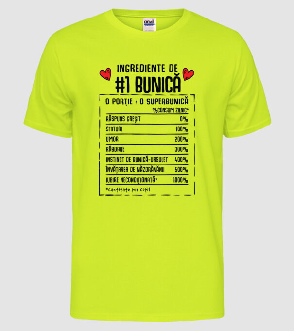 Ingrediente Bunică - o porție : o superbunică - %consum zilnic* răspuns greșit, sfaturi, umor, răbdare, instinct de bunică-ursul model galben neon pe tricou