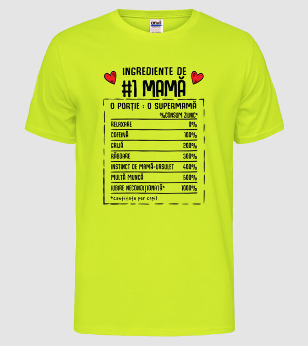 Ingrediente de Mamă - o porție : o supermamă - %consum zilnic* relaxare, cofeină, grijă, răbdare, instinct de mamă-ursuleț, mult model galben neon pe tricou