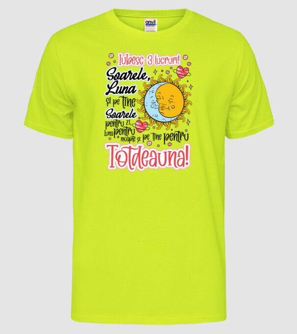 Iubesc 3 lucruri model galben neon pe tricou