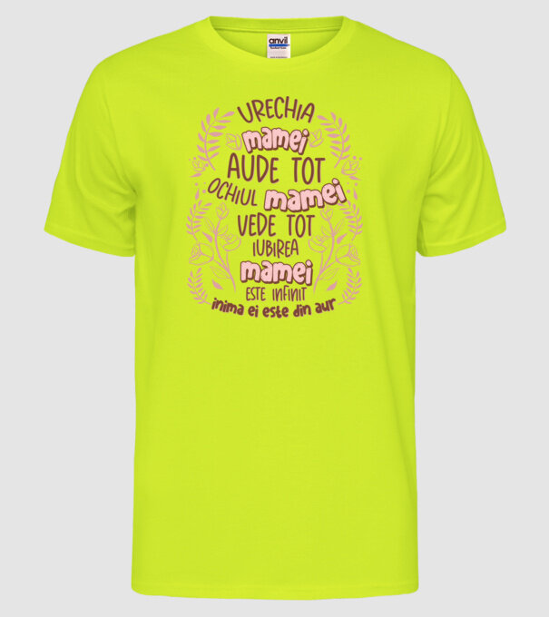 Iubirea mamei este infinit model galben neon pe tricou