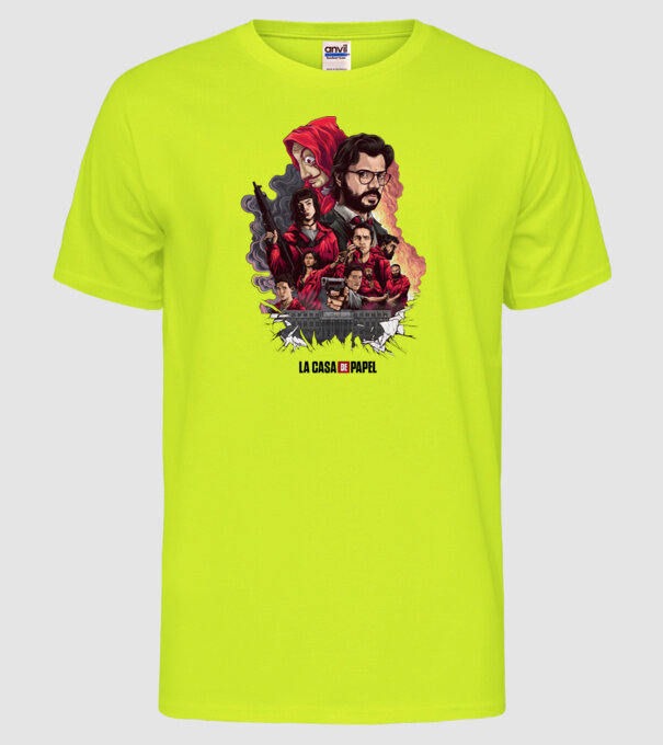 la casa de papel poster theme model galben neon pe tricou