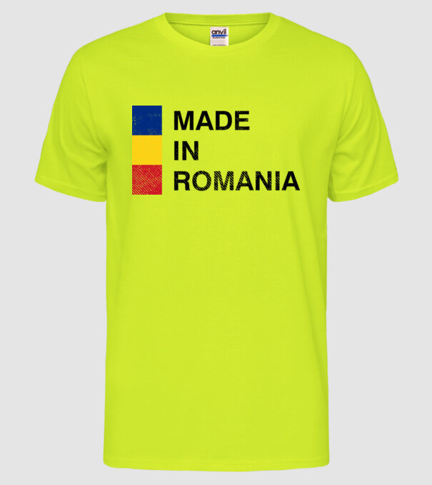 made in romania model galben neon pe tricou