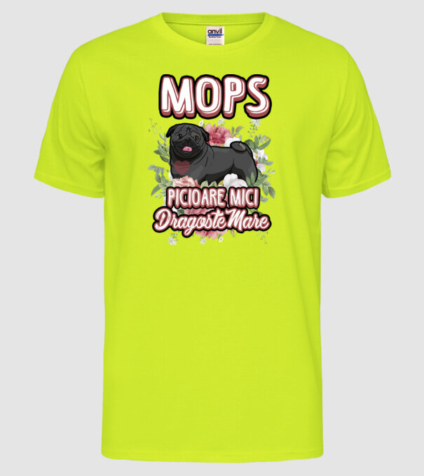 Mops negru picioare mici dragoste mare model galben neon pe tricou