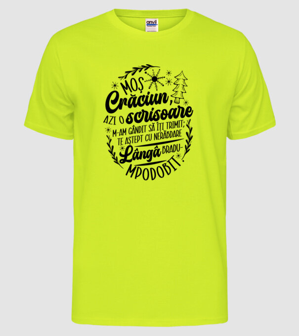 Moş Crăciun model galben neon pe tricou