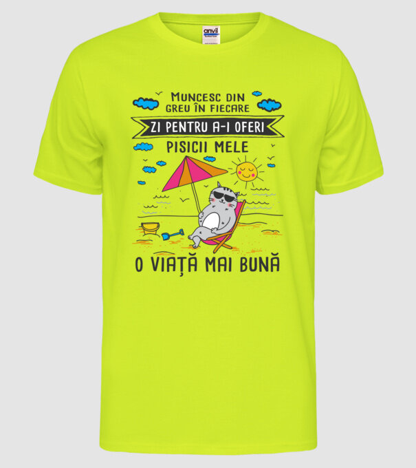Muncesc din greu în fiecare zi pentru a-i oferi pisicii mele o viață mai bună model galben neon pe tricou