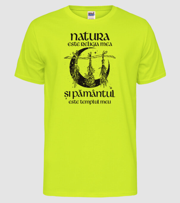 Natura este religia mea model galben neon pe tricou