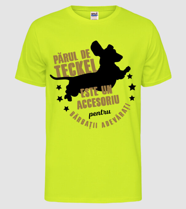 părul de teckel este un accesoriu pentru bărbații adevărați model galben neon pe tricou