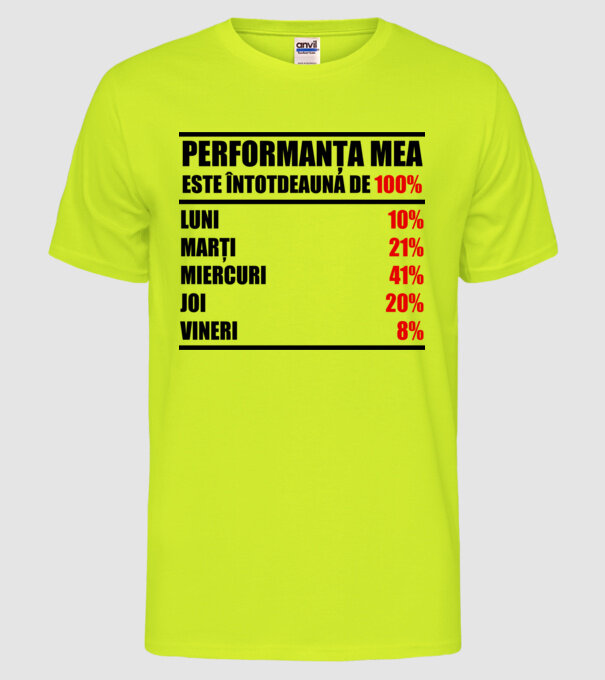 performanța mea este întotdeauna de 100% : luni, marți, miercuri, joi, vineri model galben neon pe tricou