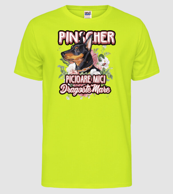 Pinscher picioare mici dragoste mare model galben neon pe tricou