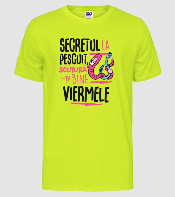 Secretul la pescuit scutură-ți bine viermele model galben neon pe tricou