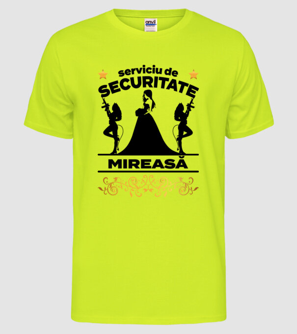 serviciu de securitate mireasă model galben neon pe tricou