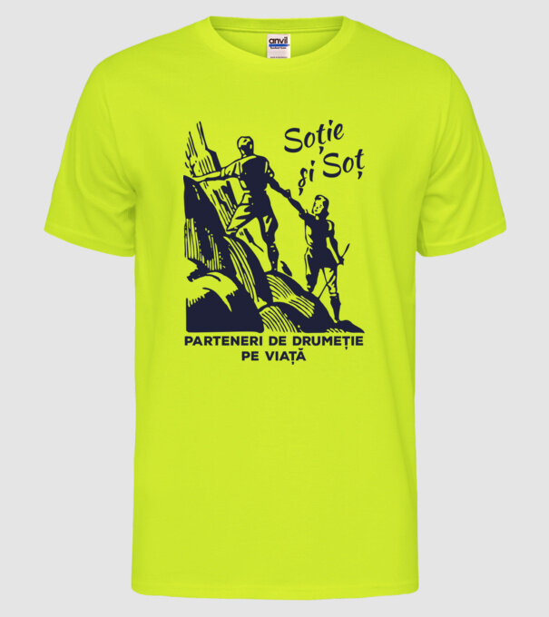 soție și soț - parteneri de drumeție pe viață model galben neon pe tricou